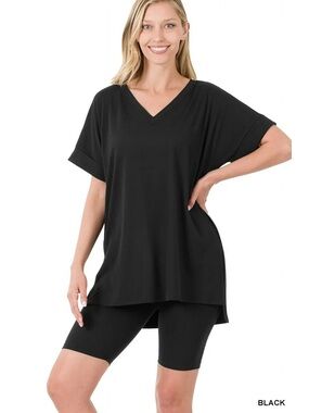 Zenana -COTTON ROUND NECK TOP & BIKER SHORTS, Black